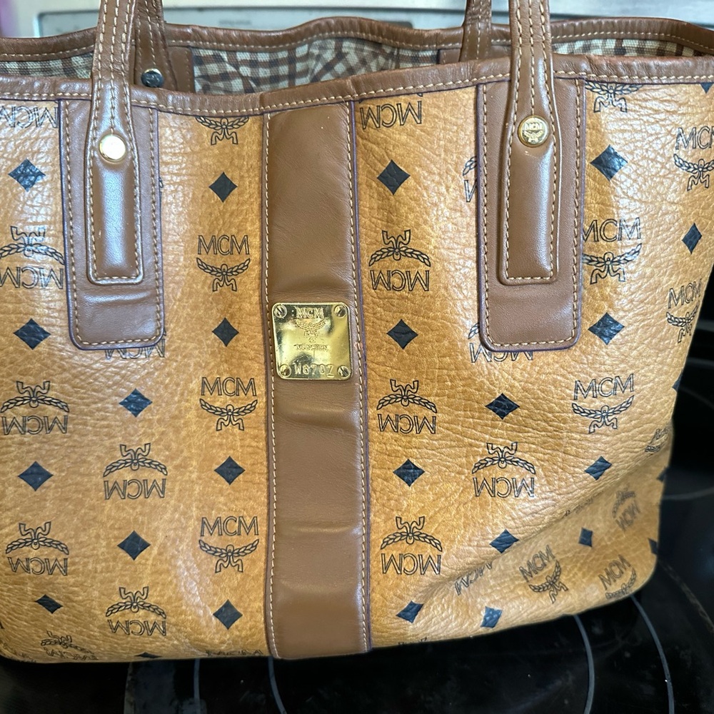 MCM Brown Tote with Leather Trim and Structured Design